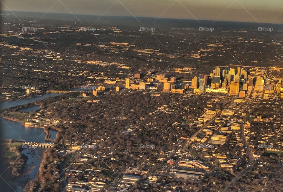 Austin Texas from the approaching for landing plane while traveling to this beautiful city