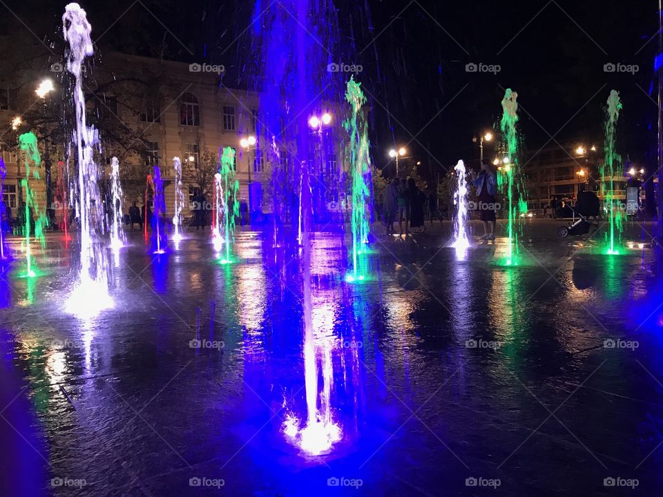 Blue green fountains light