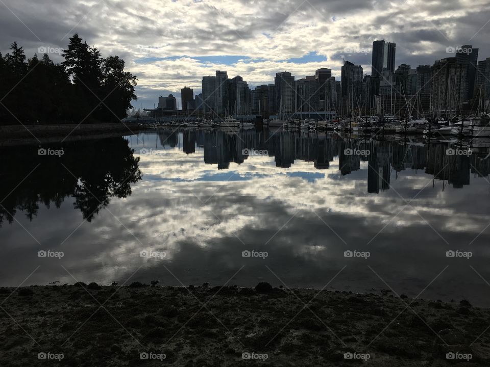 Skyline reflecting in the ocean