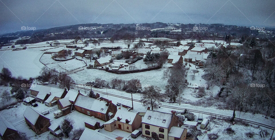 Drone cam image of rural France, in the snow - January 2019