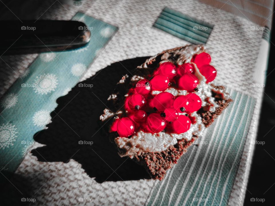 Red currant, pate and rye bread snack