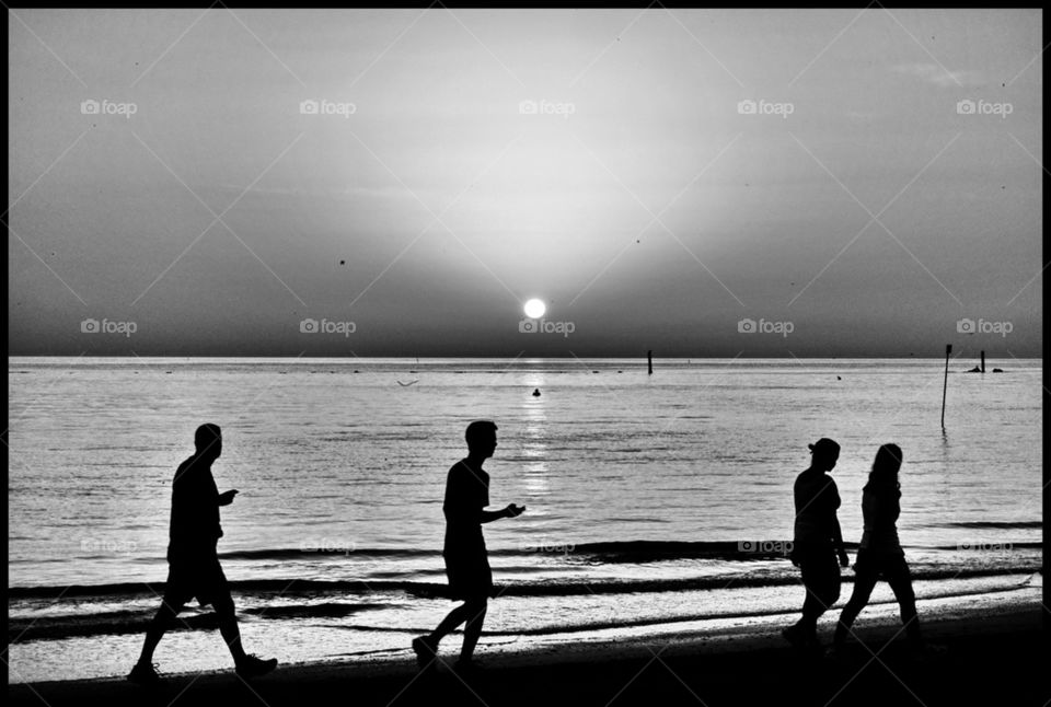 Sunrise, sea, sun, horizon, beach, people, walking, outdoor, black and