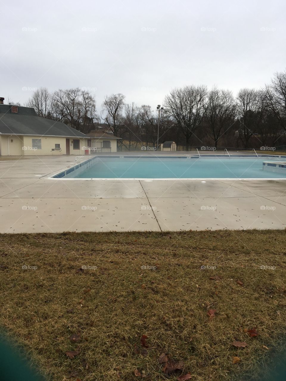 Foggy winterscape at the public pool