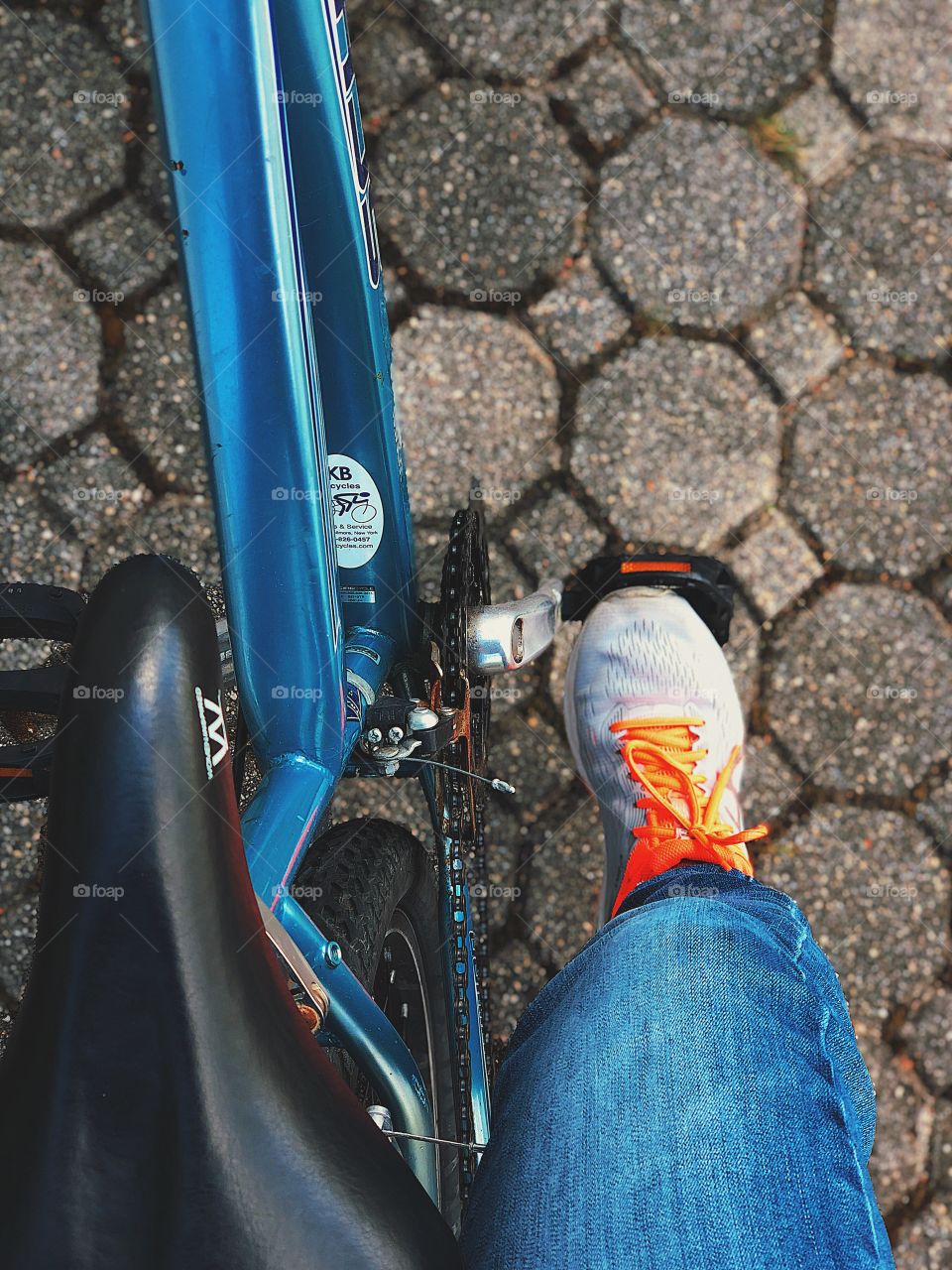 Riding A Bicycle, View From A Bike, Foot On The Pedal, Biking For Transportation, Perspective Of A Bike Rider 