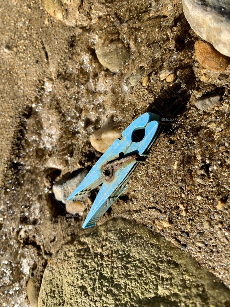 An old clothespin lies on the shore of a stream and warns us about the dangers of plastic abandoned in the environment