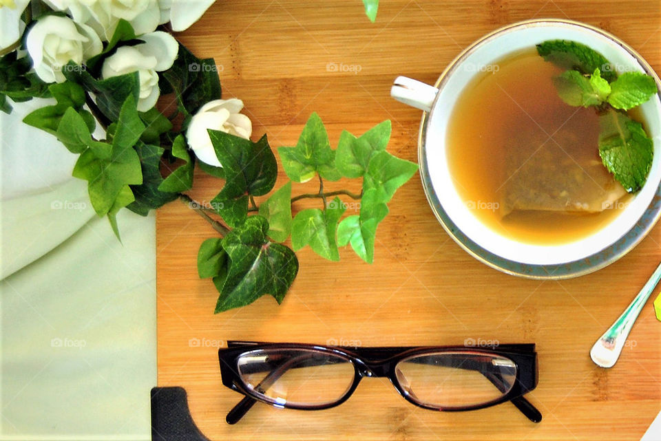 High angle view of green tea on table