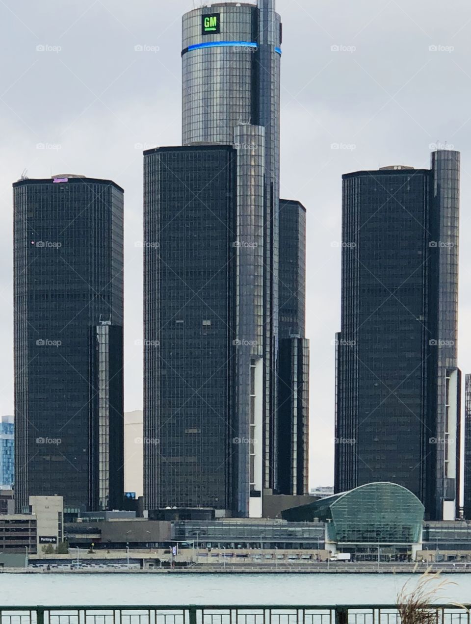 GM Renaissance Centre, Detroit Michigan, USA. This Picture was taken from downtown Windsor, Ontario, Canada, which is an international Border City.