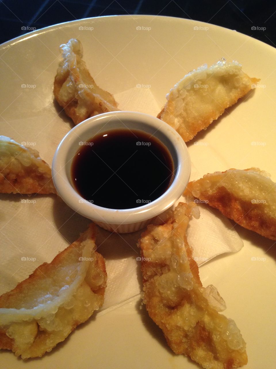 Dumplings. Fried chicken and vegetable dumplings with chili soy dipping sauce. 