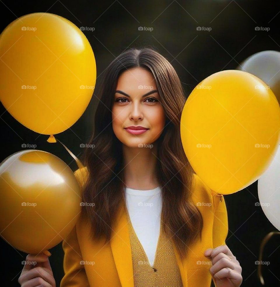 Emotions of happiness and fun.  Woman and yellow balloons