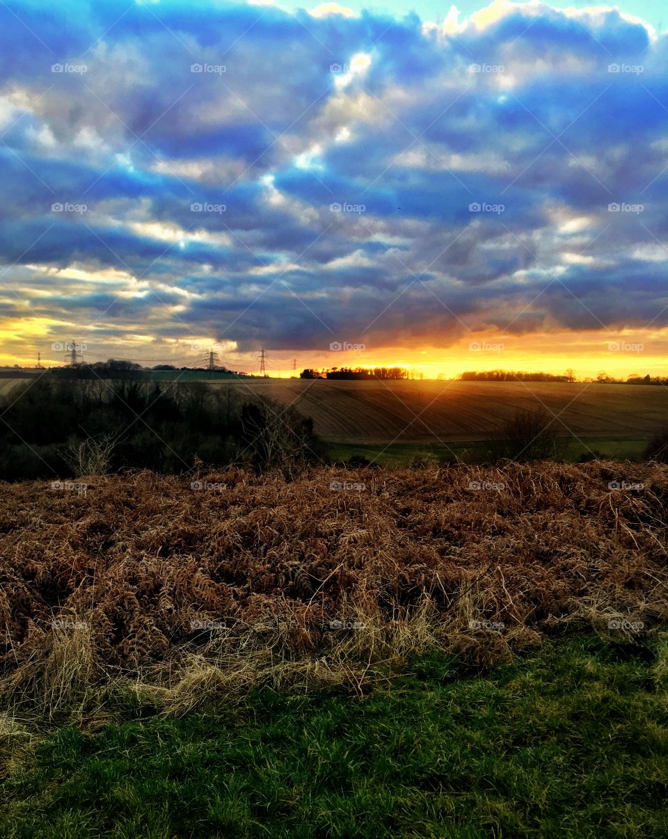Colourful winter sunset in England, capturing the last rays of sunlight on a cold and soggy day. 