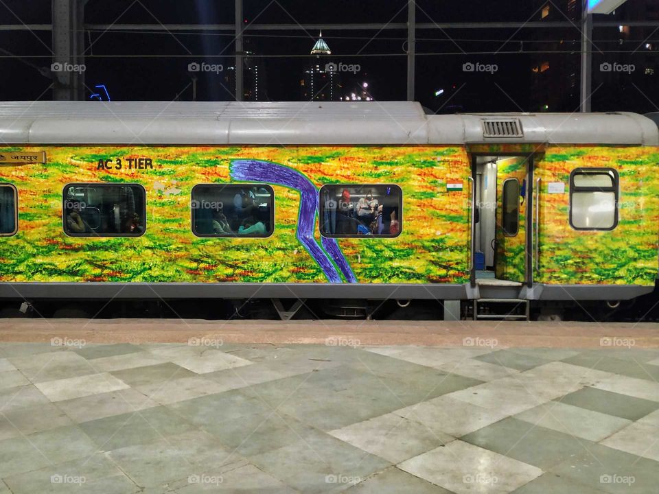 A fully air conditioned train for Jaipur from Mumbai Central Station (India). This train is named as Mumbai-Jaipur Duronto Express. Its an affordable journey with a ticked priced just 2300 Indian Rupees and that includes dinner and breakfast.