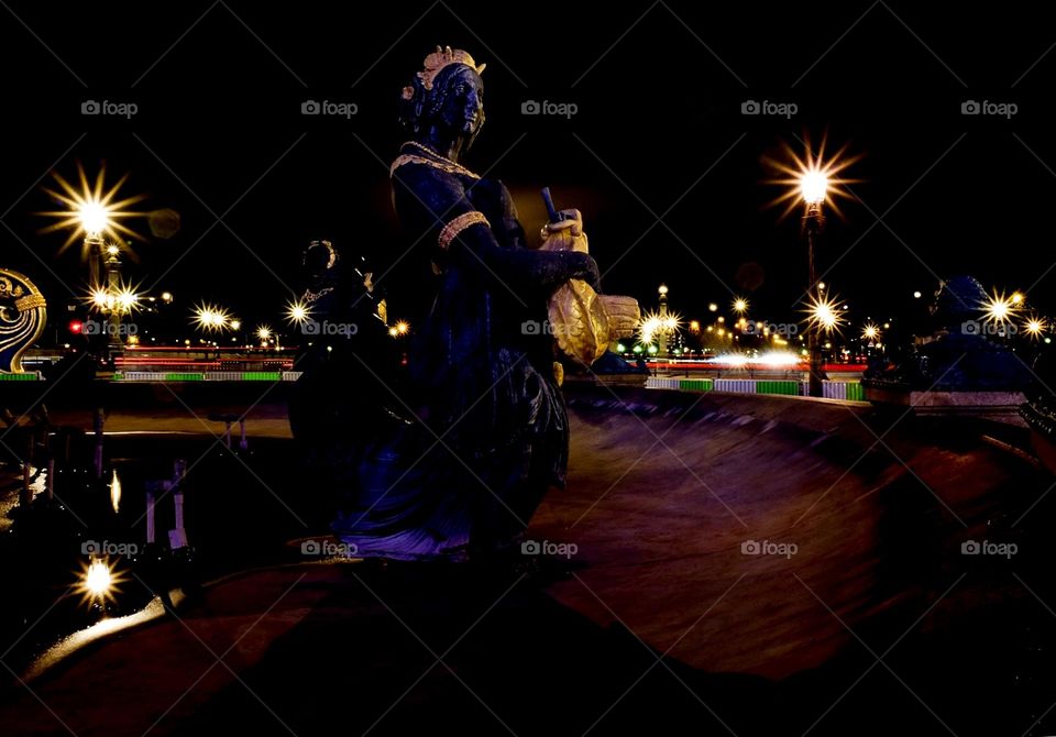 Nightfall In Paris, Statue In The Fountains Of Paris, City Lights At Night, Night Photography, Lady Of The Night, Lady In The Foreground 