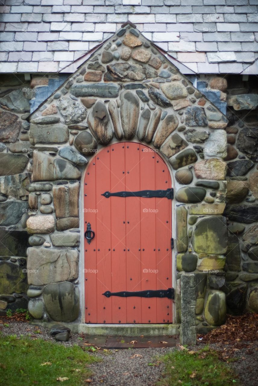 Red Door of Historic St. Ann’s Church in Kennebunkport Maine 