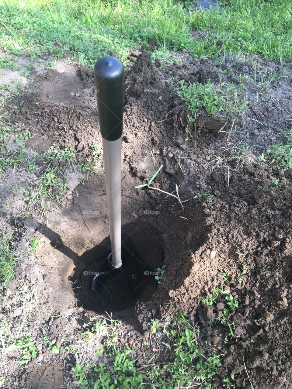 A shovel in a hole with scattered dirt and grass around it. Out treasure hunting. 