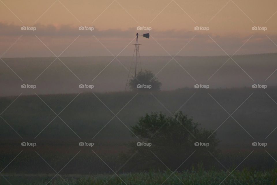 Layers of muted color made by low-lying fog on the distant hills of farmfields