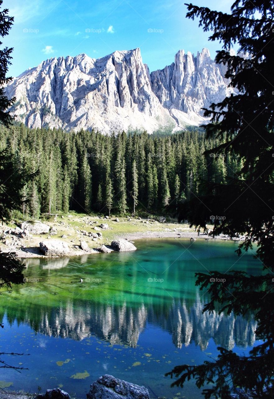 Idyllic lake carezza mountains