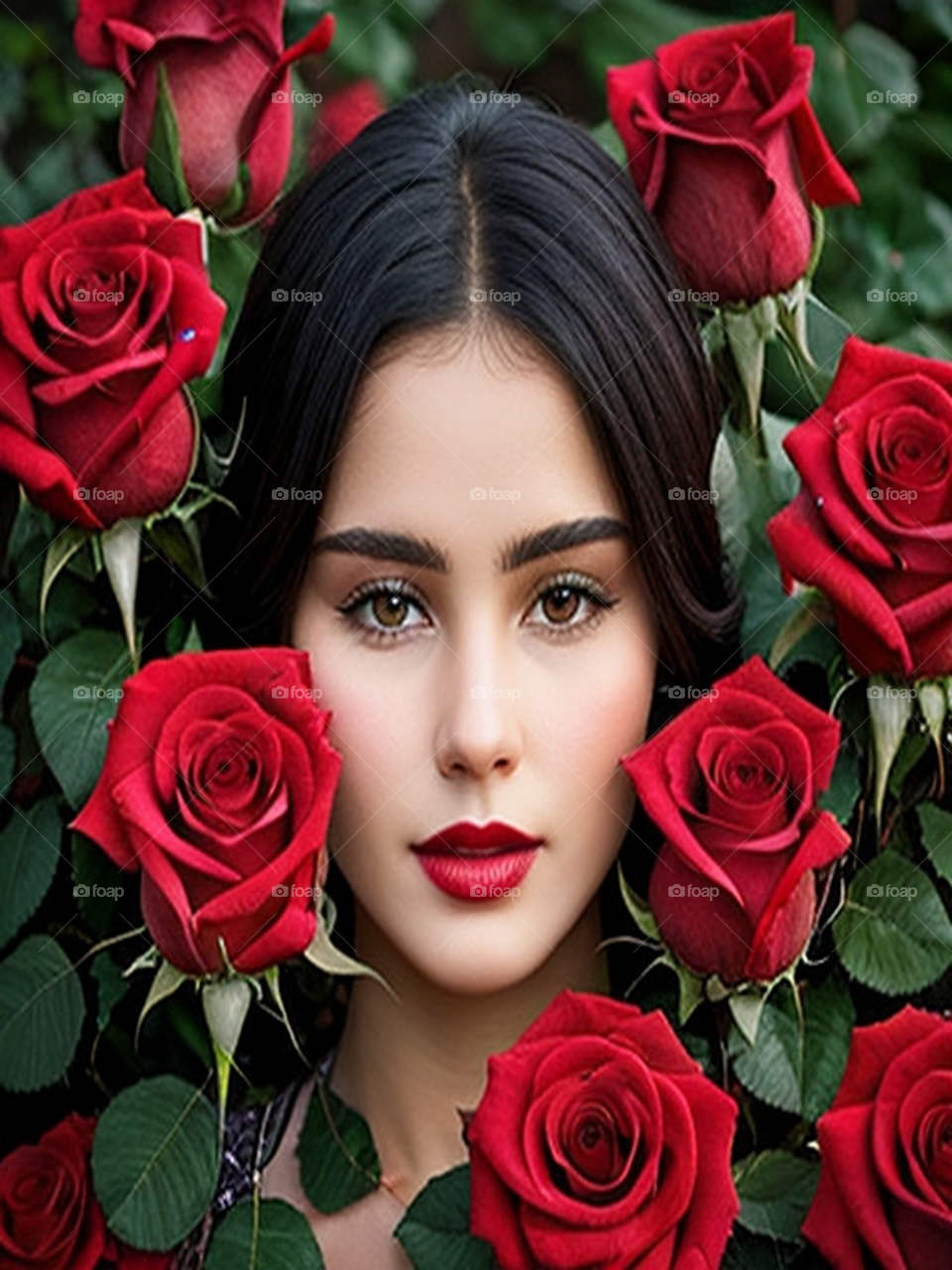 Beautiful girl's face among roses
