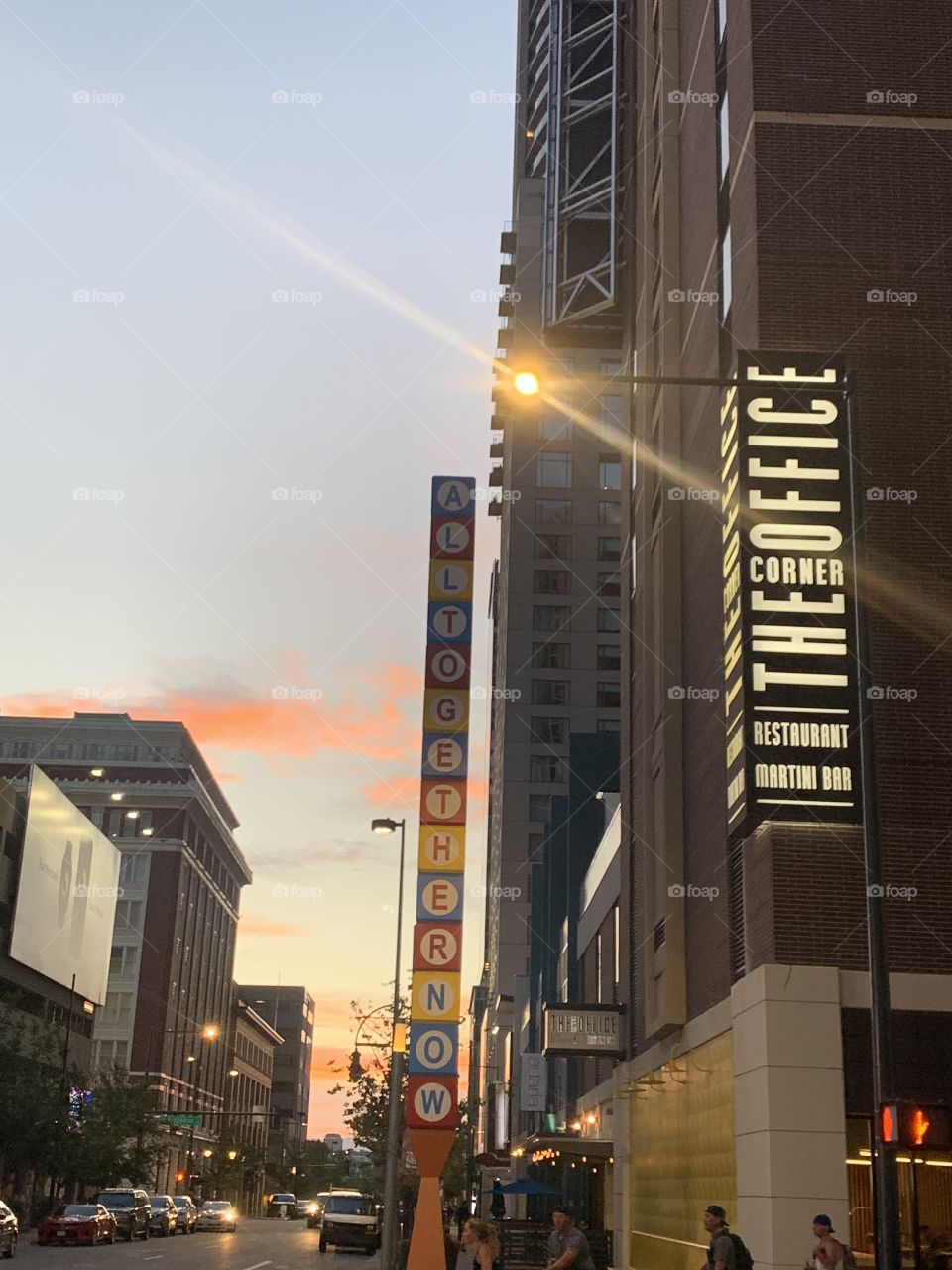 Downtown Denver at Sunset. Buildings and lights. All Together Now!