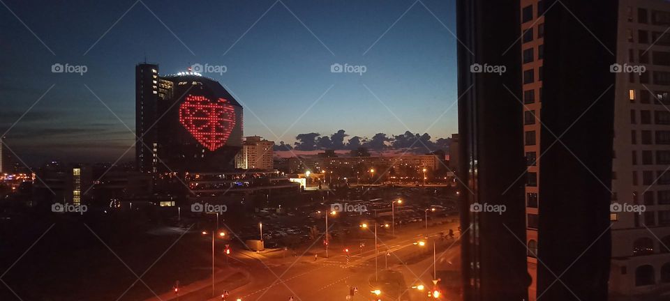 beautiful night light street view, windows magic light, cityscape window view