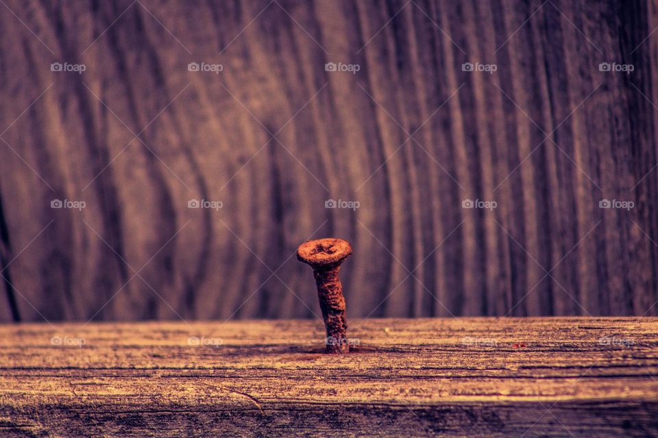 rusty nail stuck inside an old board