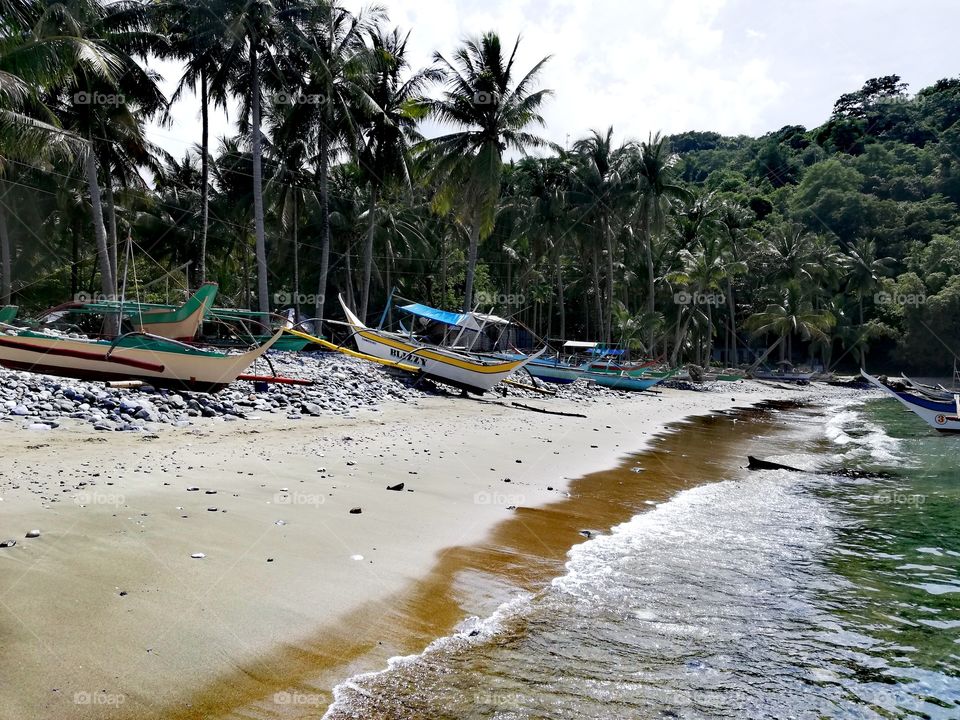 Banks on sandy pebbly beach on tropical exotic island of Mindoro in the Philippines