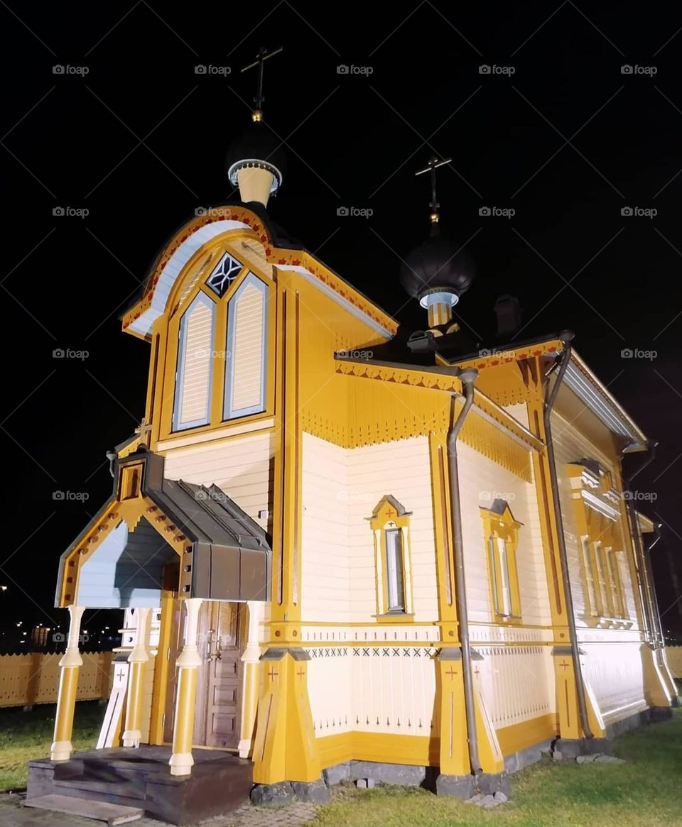 Church of the Holy Apostles Peter and Paul in Tornio, Finnish Lapland. In winter it is so dark that even the sky is black.