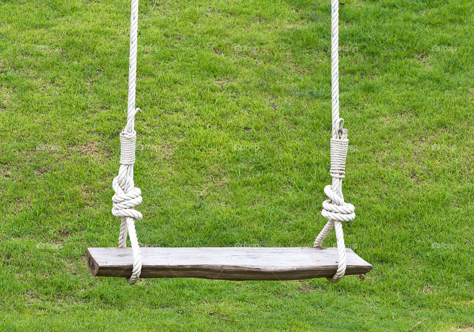 Empty wooden swing in green garden
