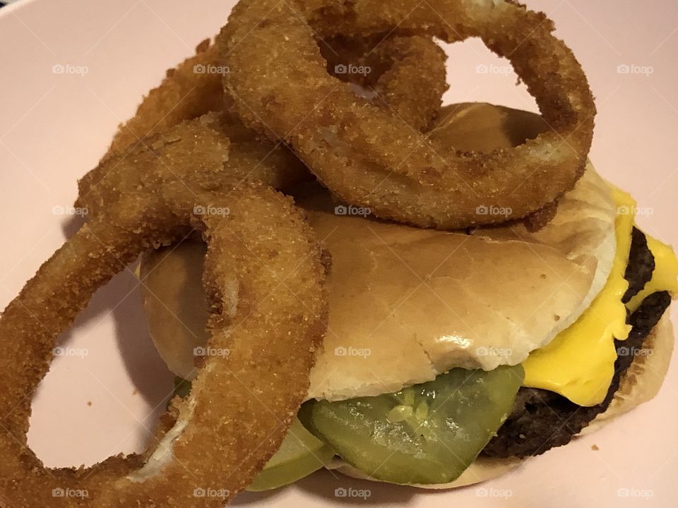 Burger and onion rings