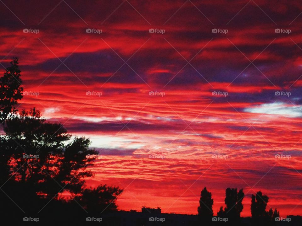 red sunset of the city of Kiev