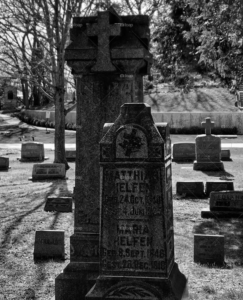 Black and white photo of an old cemetery—taken in Schererville, Indiana 