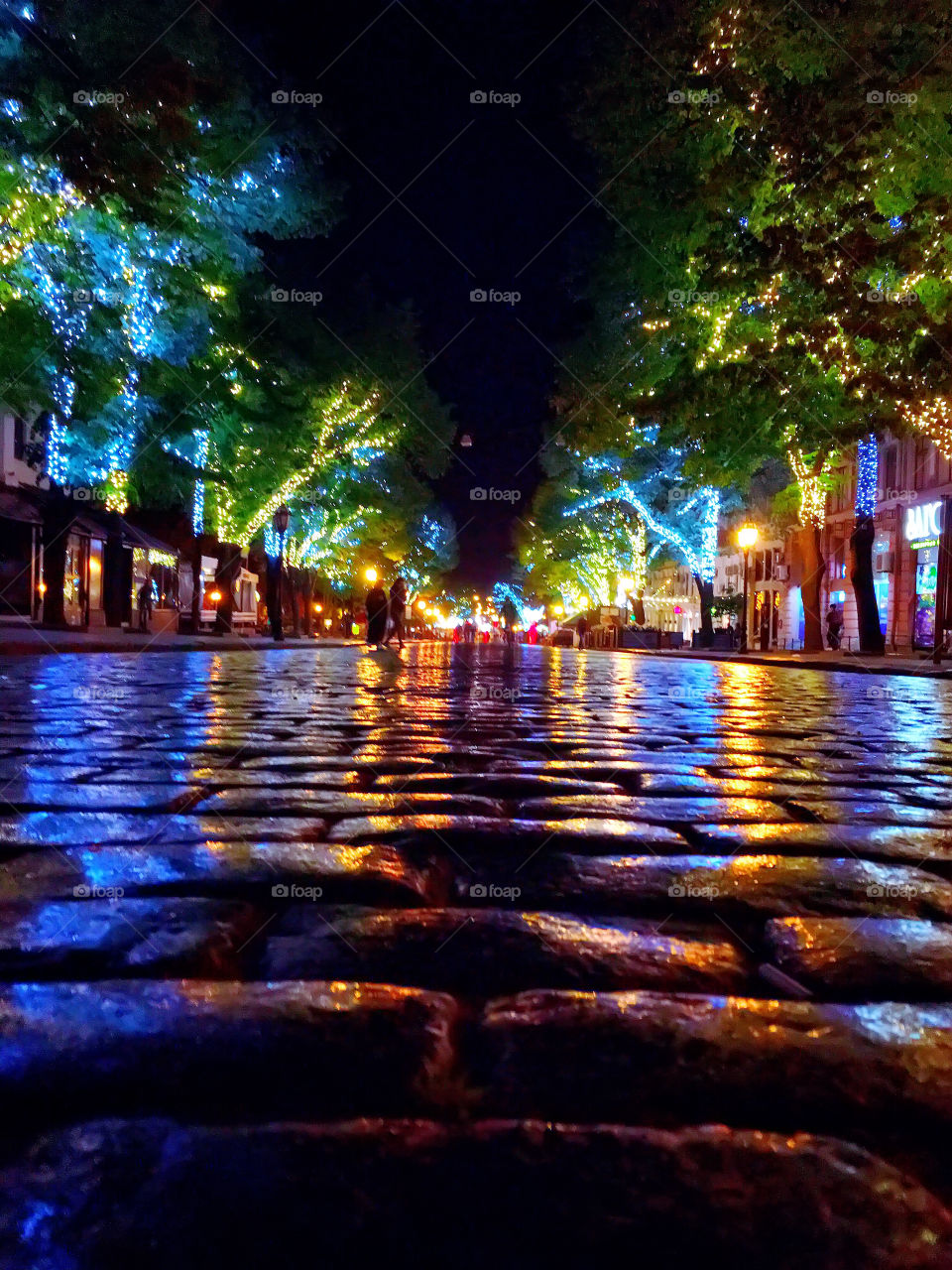 Wet cobbled road after rain. Focus on the ground. Blurry background. Illuminated street 