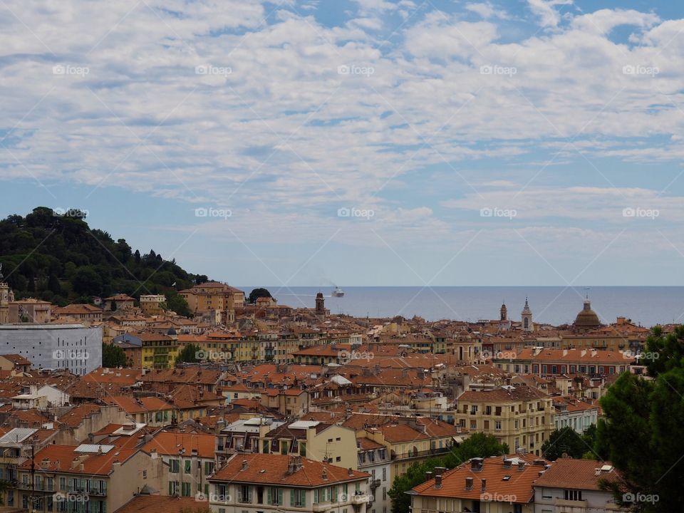 Panoramic view of the city from high above in the Cimiez neighborhood of Nice, France.