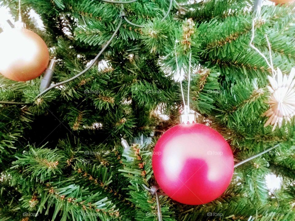 close up of christmas tree with baubles