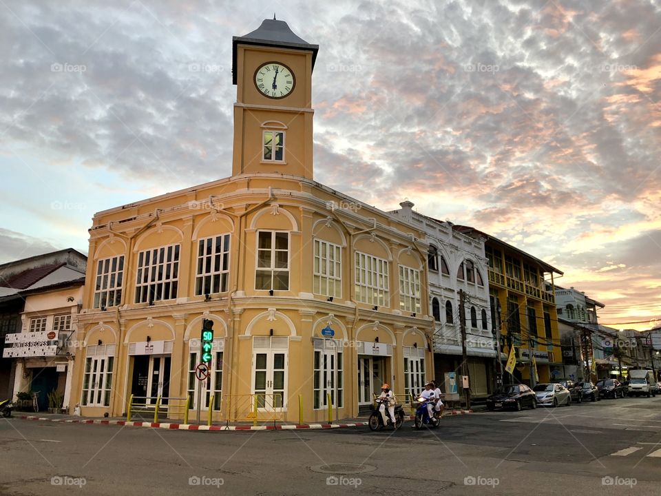 Old Building with Clock Tower at Phuket Old Town, Phuket, Thailand