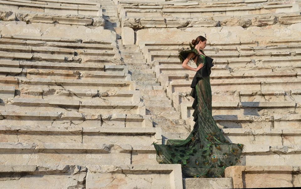 From the ground up. Model poses at the Ancient Theater, Plovdiv, Bulgaria