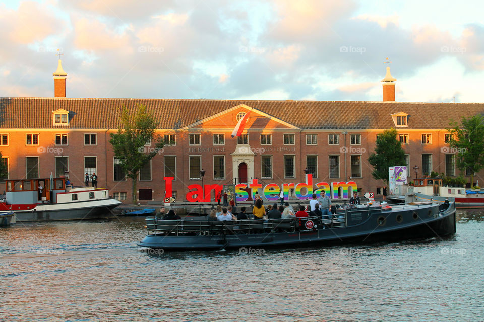 Sunset in Amsterdam and boat 