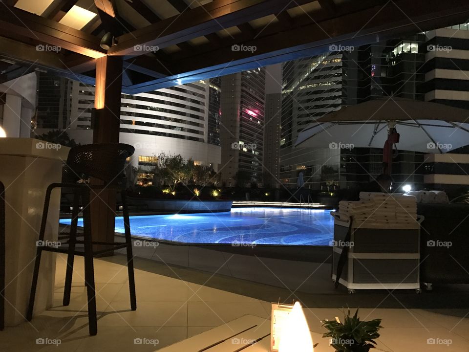 Marriott hotel in Hong Kong , pool side cafe with a nice view within the tall buildings  