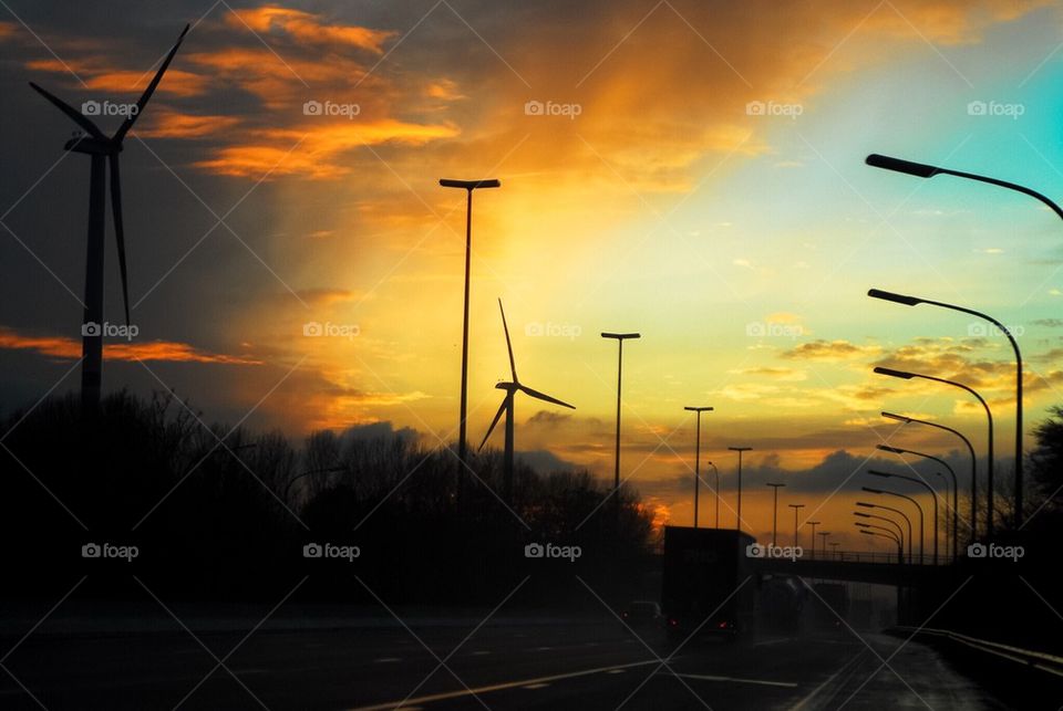 sunset along the highway in Belgium