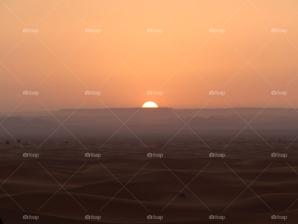 Sunset among the dunes of the Sahara desert 