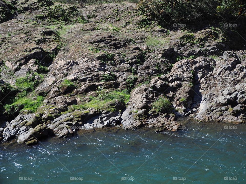 The rocky and rugged shores of the Middle Fork of the Willamette River near Oakridge Oregon filled with trees transitioning to their fall colors on a beautiful sunny day.