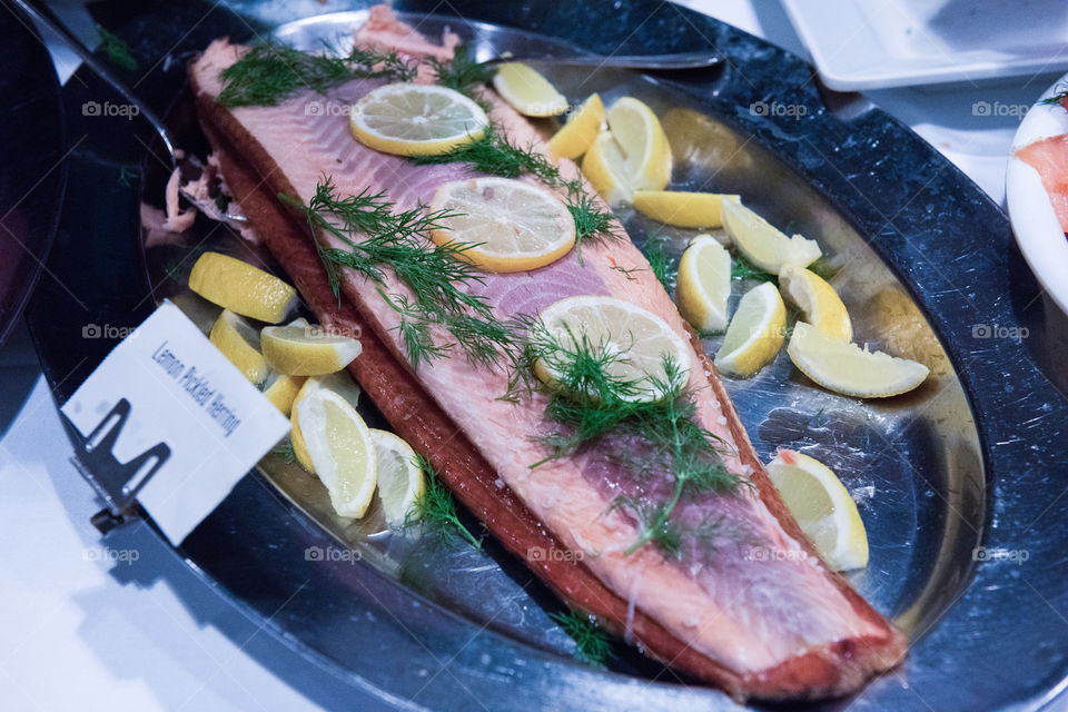 Hot smoked salmon on a christmas buffet. This is one of the dishes that are part of the traditional Swedish Christmas buffet.