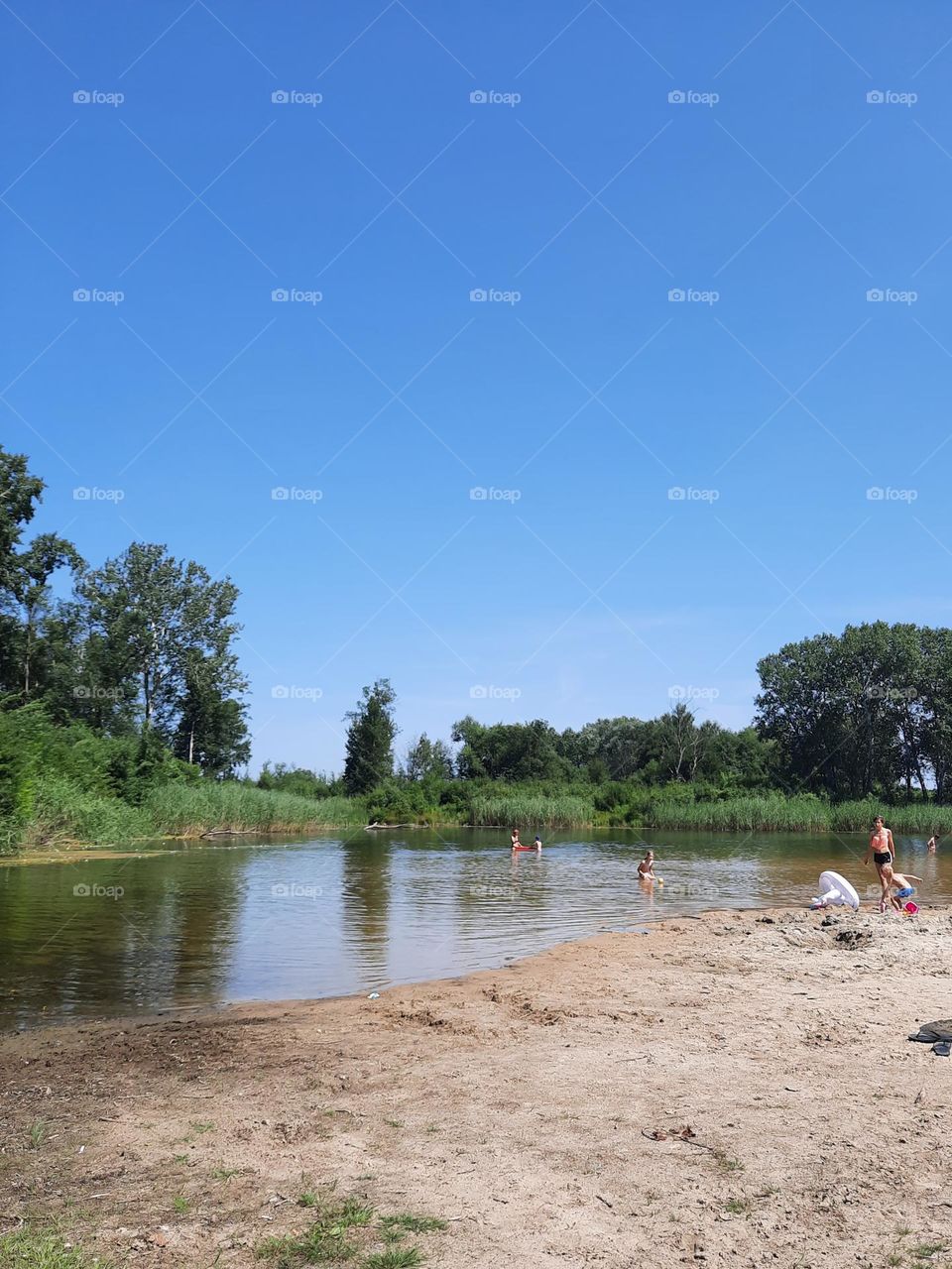 sandy beach by a small pond