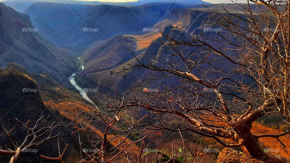 River in the mountain, river, Mountain, tree, autumn, foliage, sky,branches, nature, landscape