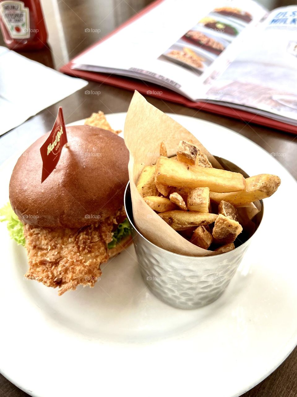 Burger with chicken and fries