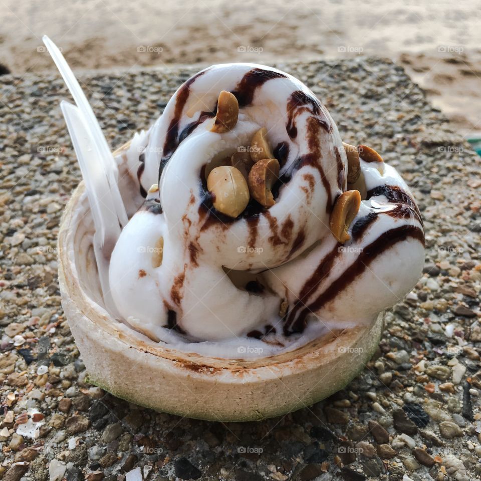 Coconut ice cream in a coconut bowl