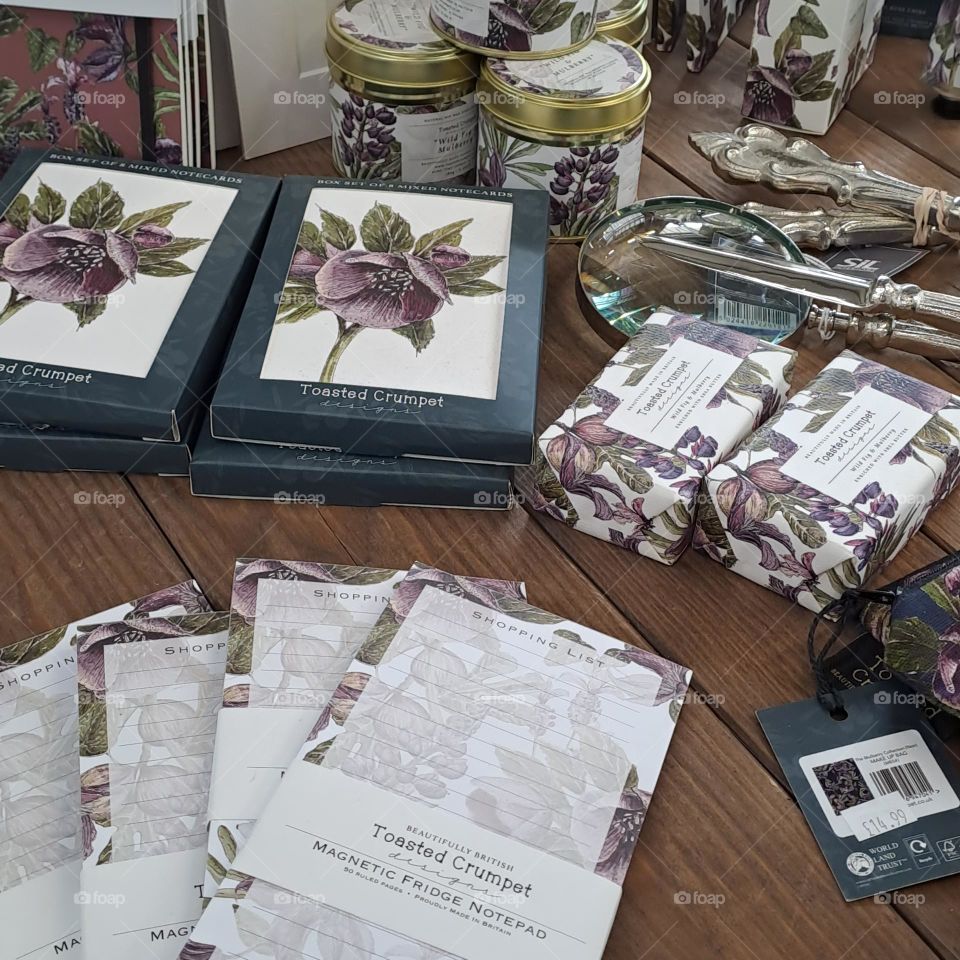 shop display. floral design wooden table top