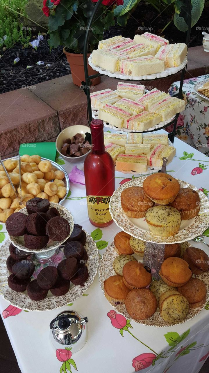 A delicious spread of luncheon bites laid out for an afternoon tea party.