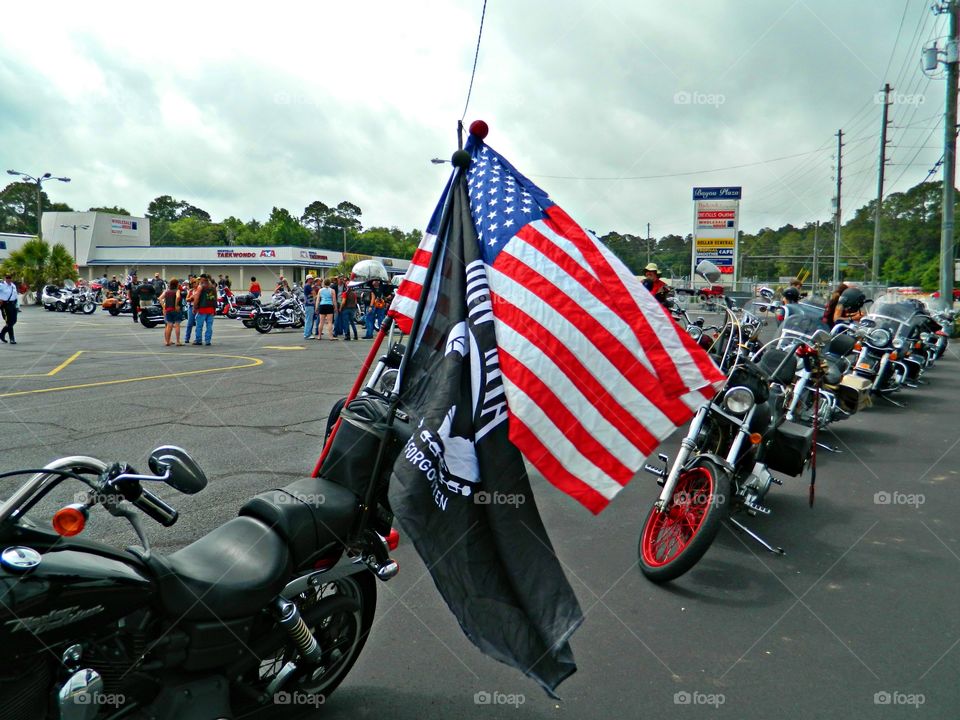 American Flag by Foap Missions - United States of America Flag Colors - White signifies purity and innocence, Red, valor and bravery, and Blue (the broad band above the stripes) signifies vigilance, perseverance & justice - Motorcycle club w/US Flag