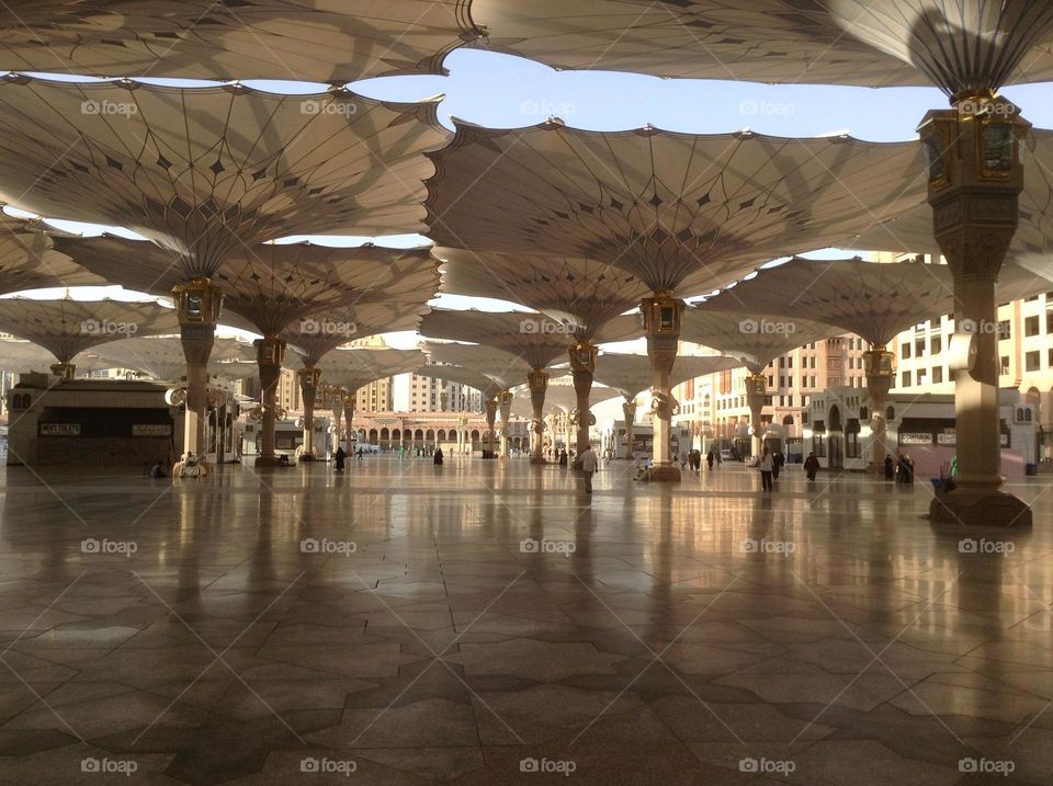 Huge umbrellas at the Prophet’s Mosque in Saudi Arabia 