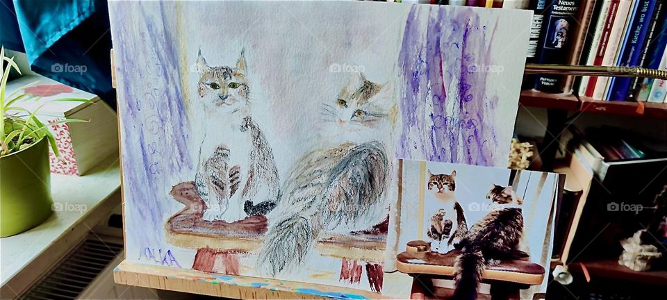 This is the portrait of “Roukey” and “Linda”, two sibling cats in rural “Bavaria”, Germany, now inside the house next to the photograph that served as a template. Cats don’t hold still long enough to be portrayed live. 2024. Hypnotic Productions